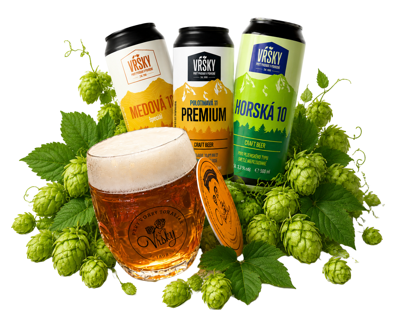 Pivo Vŕšky s plechovkami, chmeľom a pivným pohárom
